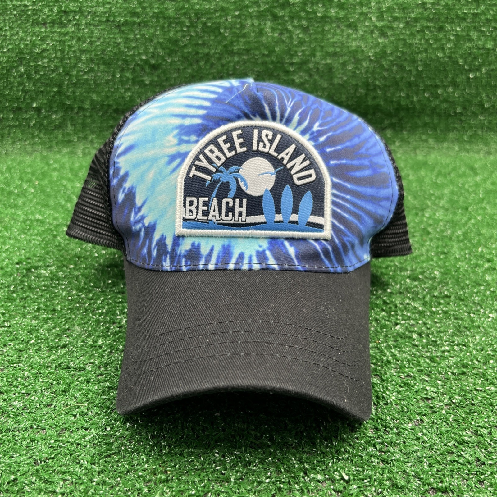 Tybee Island Beach Tie Dye Blue Black Mesh Trucker Baseball Hat Adjustable